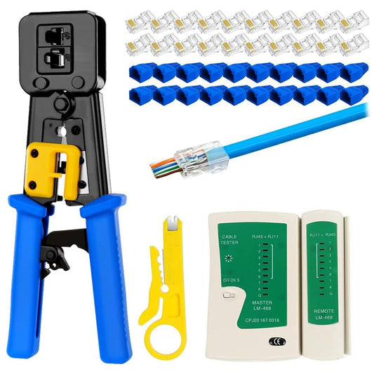 FEDUS RJ45 Crimping Tool Kit, Passthrough Crimping Tool rj45 Crimping machine for Cat6A Cat6 Cat5E Cat5 RJ45 Ethernet tool kit, 25PCS rj45 Passthrough Connector & RJ45 Boot Covers, Cut and Strip Tool COMBO-2