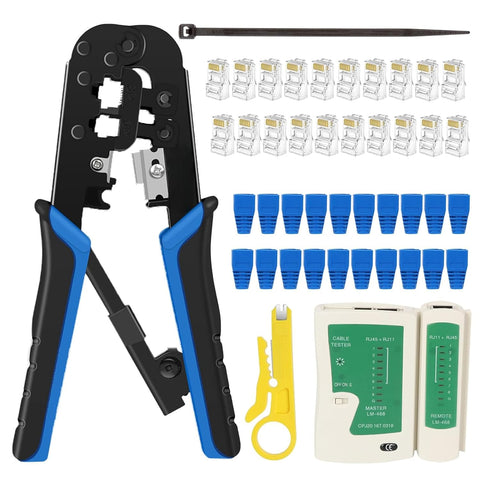 FEDUS RJ45 Crimping Tool Kit, Crimping Tool rj45 Crimping machine for Cat6A Cat5E Cat5 RJ45 Ethernet tool kit, 50PCS rj45 Connector & Boot Covers, Network Lan Tester, Cut and Strip Tool, 25 Cable Ties COMBO-2