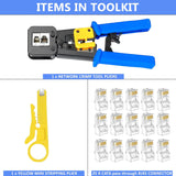 FEDUS RJ45 Crimping Tool Kit, Passthrough Crimping Tool rj45 Crimping machine for Cat6A Cat6 Cat5E Cat5 RJ45 Ethernet tool kit, 25PCS rj45 Passthrough Connector, Cut and Strip Tool COMBO-1