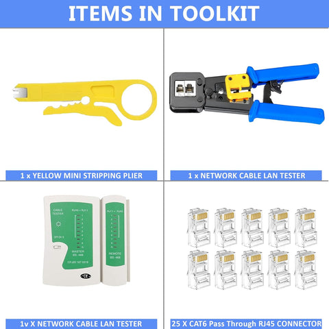 FEDUS RJ45 Crimping Tool Kit, Passthrough Crimping Tool rj45 for Cat6A Cat5E Cat5 RJ45, 25PCS rj45 Connector, Network lan Tester, Cut and Strip Tool COMBO-4