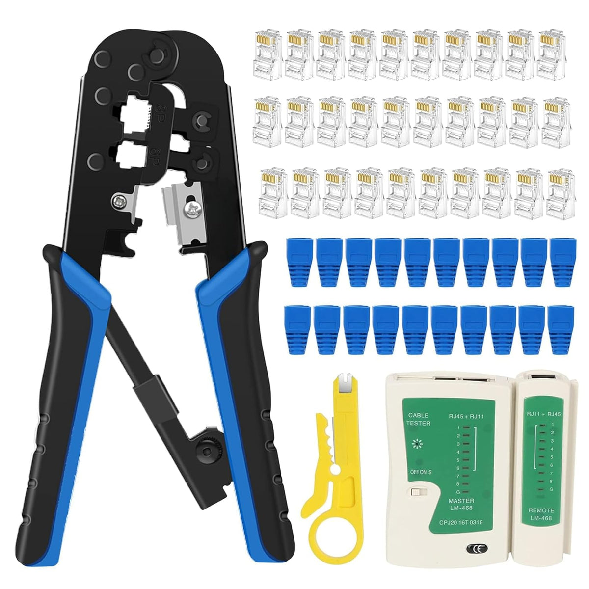 FEDUS RJ45 Crimping Tool Kit, Crimping Tool rj45 Crimping machine for Cat6A Cat5E Cat5 RJ45 Ethernet tool kit, 50PCS rj45 Connector, Network lan Tester, 50PCS Boot Covers, Cut and Strip Tool COMBO-1