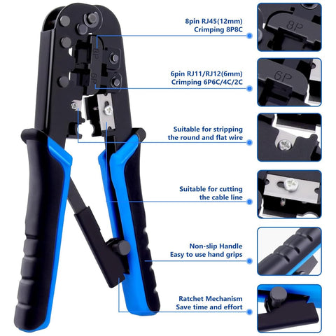 FEDUS RJ45 Crimping Tool Kit, Crimping Tool rj45 Crimping machine for Cat6A Cat5E Cat5 RJ45 Ethernet tool kit, 50PCS rj45 Connector, Network lan Tester, 50PCS Boot Covers, Cut and Strip Tool COMBO-1