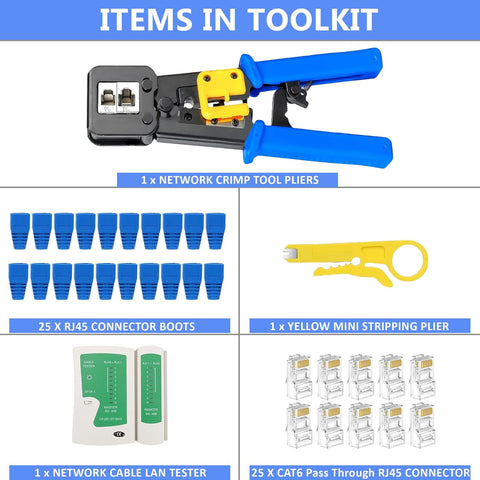 FEDUS RJ45 Crimping Tool Kit, Passthrough Crimping Tool rj45 Crimping machine for Cat6A Cat6 Cat5E Cat5 RJ45 Ethernet tool kit, 25PCS rj45 Passthrough Connector & RJ45 Boot Covers, Cut and Strip Tool COMBO-2