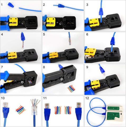 FEDUS RJ45 Crimping Tool Kit, Passthrough Crimping Tool rj45 for Cat6A Cat5E Cat5 RJ45, 25PCS rj45 Connector, Network lan Tester, Cut and Strip Tool COMBO-4