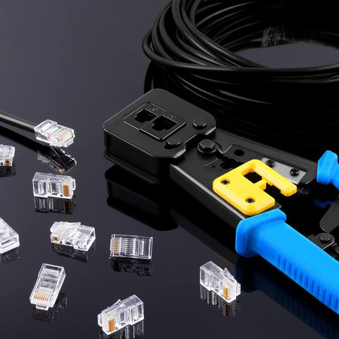 FEDUS Passthrough Crimping tool, Crimp, Cut, Strip Tool Pass-Through Ethernet Crimper, Professional RJ45 Crimp Tool for 8P/RJ45 and 6P/RJ12 4P/RJ11, Cat6a Cat6 Cat5e Pass Through & Regular Connectors