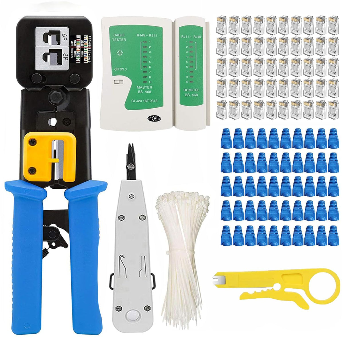 FEDUS RJ45 Crimping Tool Kit, Passthrough Crimping Tool rj45 for Cat6A Cat5E Cat5 RJ45, 25PCS rj45 Connector & Boot Covers, Network lan Tester, Cut and Strip Tool, 25 Cable Ties & KD-1 Punch Down Tool COMBO-3