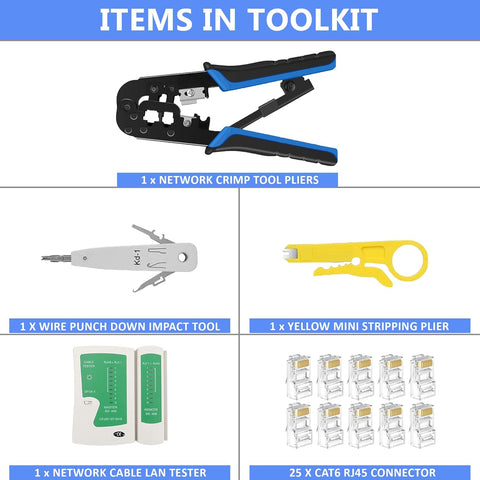 FEDUS RJ45 Crimping Tool Kit, Crimping Tool rj45 Crimping machine for Cat6A Cat5E Cat5 RJ45 Ethernet tool kit, 25PCS rj45 Connector, Network lan Tester, Cut and Strip Tool, Punch Down Tool COMBO-5