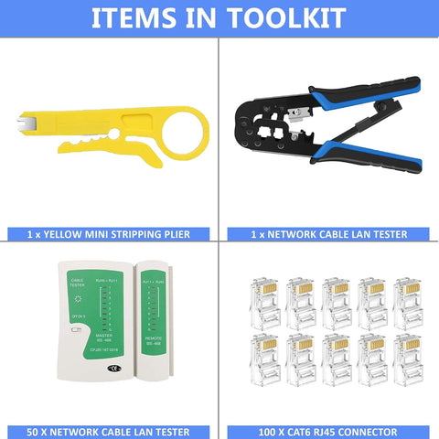 FEDUS RJ45 Crimping Tool Kit, Crimping Tool rj45 Crimping Machine for Cat6A Cat5E Cat5 RJ45 Ethernet tool kit, 100PCS rj45 Connector, Network Lan Tester, Cut and Strip Tool COMBO-3