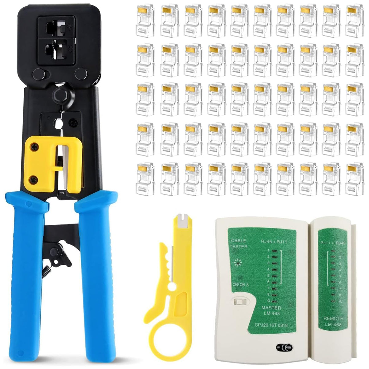 FEDUS RJ45 Crimping Tool Kit, Passthrough Crimping Tool rj45 for Cat6A Cat5E Cat5 RJ45, 25PCS rj45 Connector, Network lan Tester, Cut and Strip Tool COMBO-4