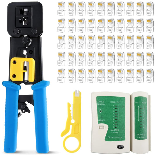 FEDUS RJ45 Crimping Tool Kit, Passthrough Crimping Tool rj45 for Cat6A Cat5E Cat5 RJ45, 25PCS rj45 Connector, Network lan Tester, Cut and Strip Tool COMBO-4