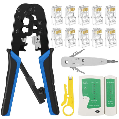 FEDUS RJ45 Crimping Tool Kit, Crimping Tool rj45 Crimping machine for Cat6A Cat5E Cat5 RJ45 Ethernet tool kit, 25PCS rj45 Connector, Network lan Tester, Cut and Strip Tool, Punch Down Tool COMBO-5