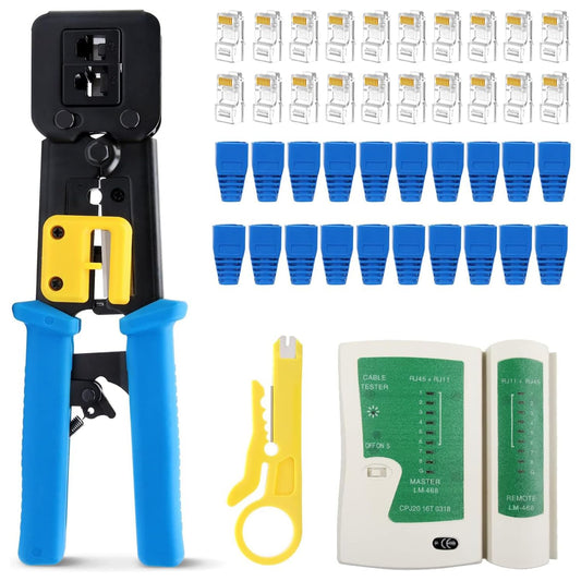 FEDUS RJ45 Crimping Tool Kit, Passthrough Crimping Tool rj45 for Cat6A Cat5E Cat5 RJ45, 25PCS rj45 Connector & Boot Covers, Network lan Tester, Cut and Strip Tool COMBO-5