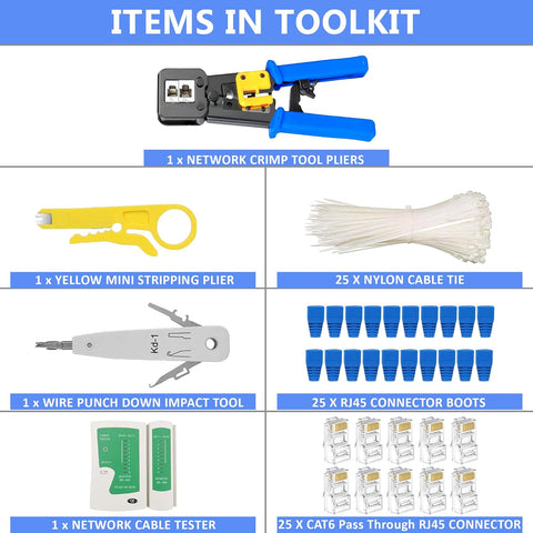 FEDUS RJ45 Crimping Tool Kit, Passthrough Crimping Tool rj45 for Cat6A Cat5E Cat5 RJ45, 25PCS rj45 Connector & Boot Covers, Network lan Tester, Cut and Strip Tool, 25 Cable Ties & KD-1 Punch Down Tool COMBO-3