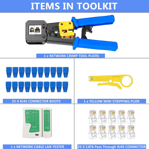 FEDUS RJ45 Crimping Tool Kit, Passthrough Crimping Tool rj45 for Cat6A Cat5E Cat5 RJ45, 25PCS rj45 Connector & Boot Covers, Network lan Tester, Cut and Strip Tool COMBO-5