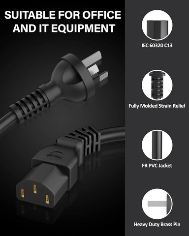 FEDUS 1.8M 3 Prong AU Australia SAA 3 Pins Plug 18 AWG Power Cord with IEC 320 C13 AU Australian Plug Computer Pure Copper Power Extension Cable for PCs, Monitors, Power adapters, Printer, Appliances