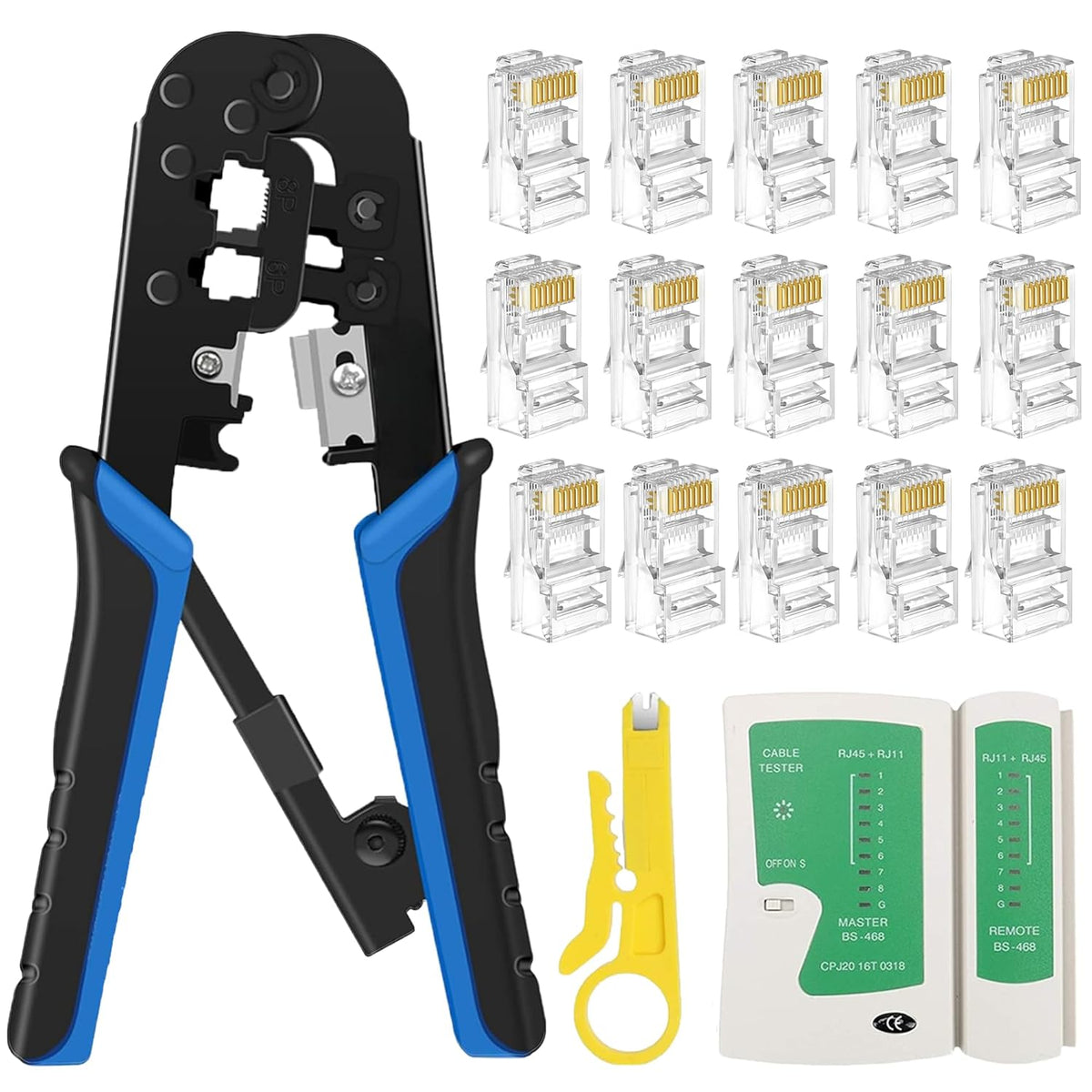 FEDUS RJ45 Crimping Tool Kit, Crimping Tool rj45 Crimping Machine for Cat6A Cat5E Cat5 RJ45 Ethernet tool kit, 100PCS rj45 Connector, Network Lan Tester, Cut and Strip Tool COMBO-3