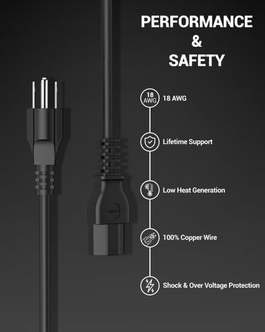 FEDUS 1.8 Meter Type B USA/Canada/Japan/America Universal Computer Monitor Power Cord, type B to C13 Power Cable for Monitor, PC, Desktop, Printer, Scanner, 10Amps 18 AWG GA NEMA 5-15P to IEC13