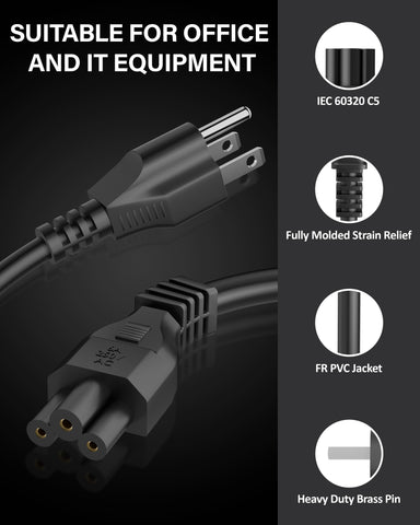 FEDUS Type B USA/Canada/Japan/America Universal Laptop, Monitor Power Cord, type B to C5 Power Cable for Monitor, PC, Laptop, Printer, Scanner, 10Amps 18 AWG GA NEMA 5-15P to IEC5 1.8M