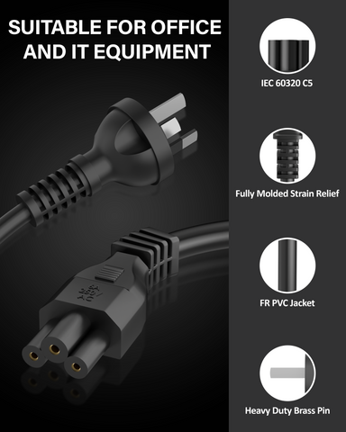 FEDUS 1.8M 3 Prong AU Australia SAA 3 Pins Plug 18 AWG Power Cord with IEC 320 C5 AU Plug Clover Leaf Laptop Pure Copper Power Cable for PCs Monitors Power adapters, Printer, Appliances