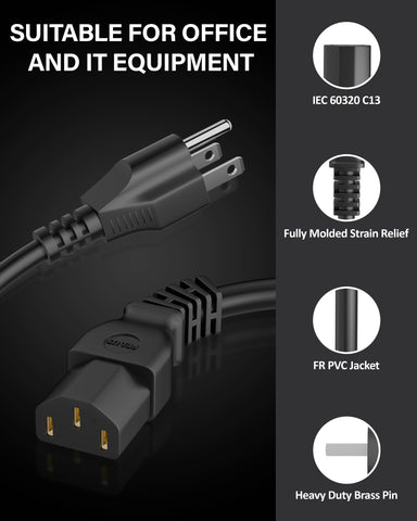 FEDUS 1.8 Meter Type B USA/Canada/Japan/America Universal Computer Monitor Power Cord, type B to C13 Power Cable for Monitor, PC, Desktop, Printer, Scanner, 10Amps 18 AWG GA NEMA 5-15P to IEC13