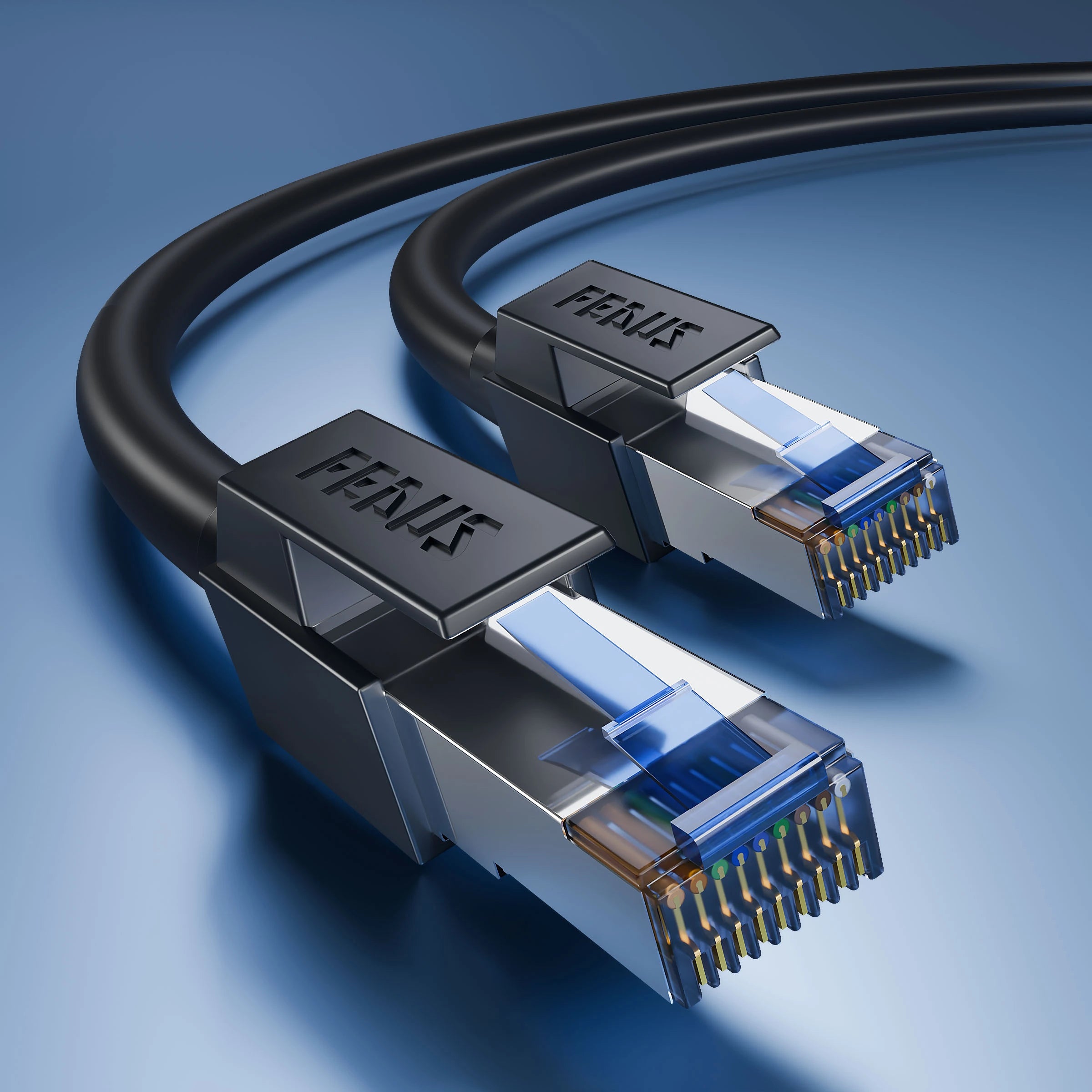 Two Ethernet cables with translucent blue connectors on a blue background.