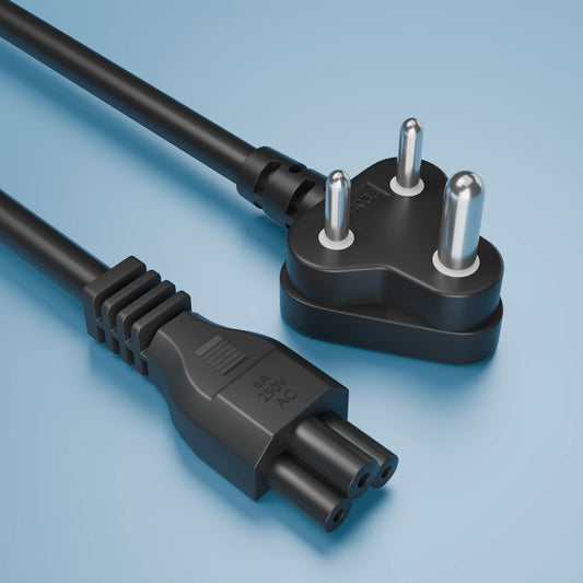 Two black electrical power plugs rest on a blue surface: a three-prong plug and a matching socket connector with three holes, resembling the power cables often used for laptop computers.