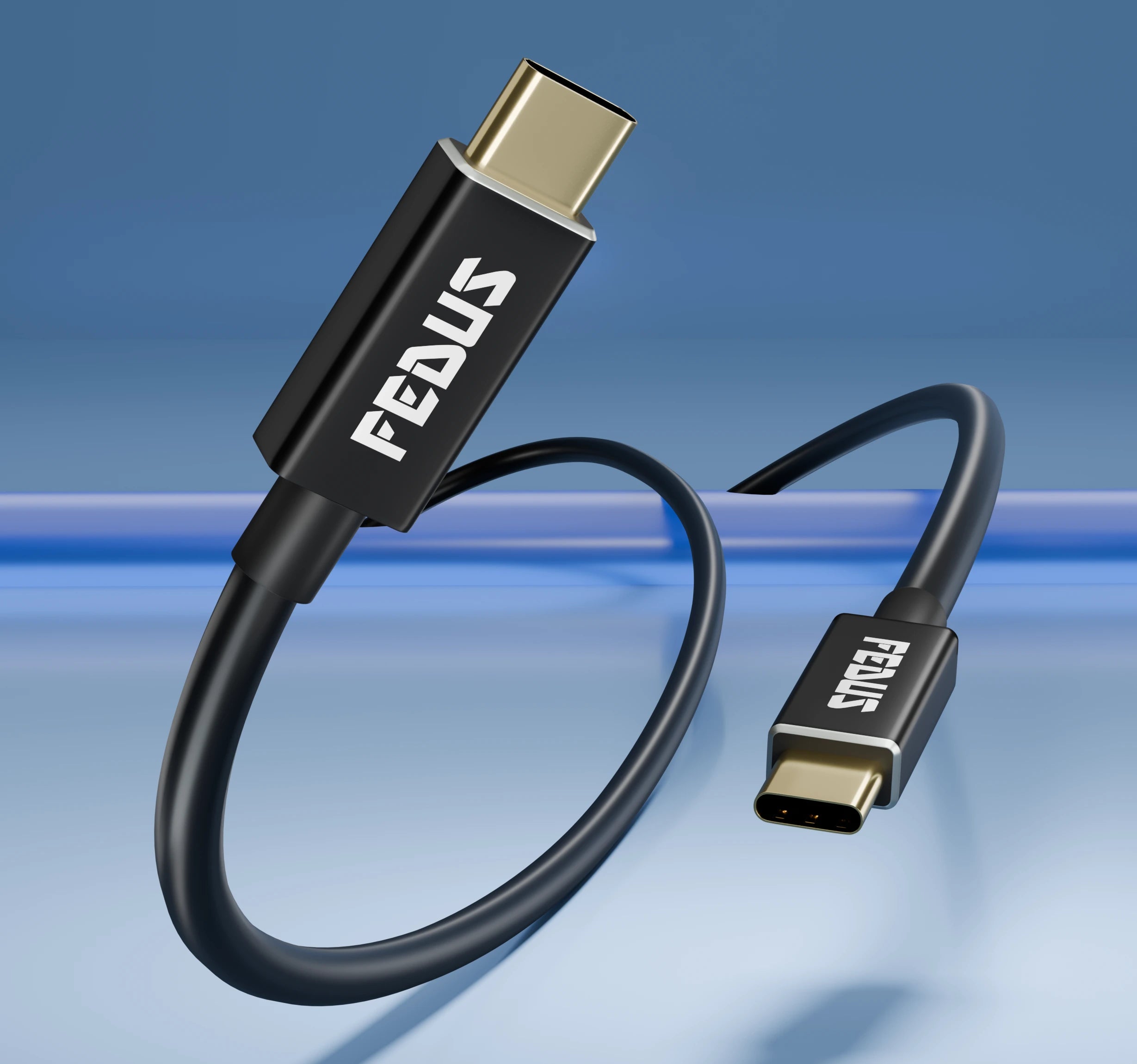 A USB type-C to type-c cable with "FEDUS" branding on a blue gradient background.