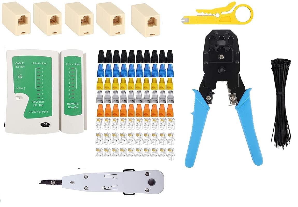 FEDUS RJ45 Ethernet Crimping Tool Kit, Crimp crimping tool with 50PCS RJ45 Connectors, 50PCS strain relief boots,1 Network Cable Tester, 50 Pcs Cable Ties, Punch Down Tool, 5 RJ45 jointer coupler - FEDUS