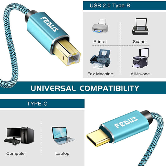 FEDUS USB Type-C to Printer Cable, Gold Plated Nylon Braided USB Type-C to USB B Male Scanner Cord Compatible with DIMI, Google Chromebook Pixel, MacBook Pro, HP Canon Printers - FEDUS