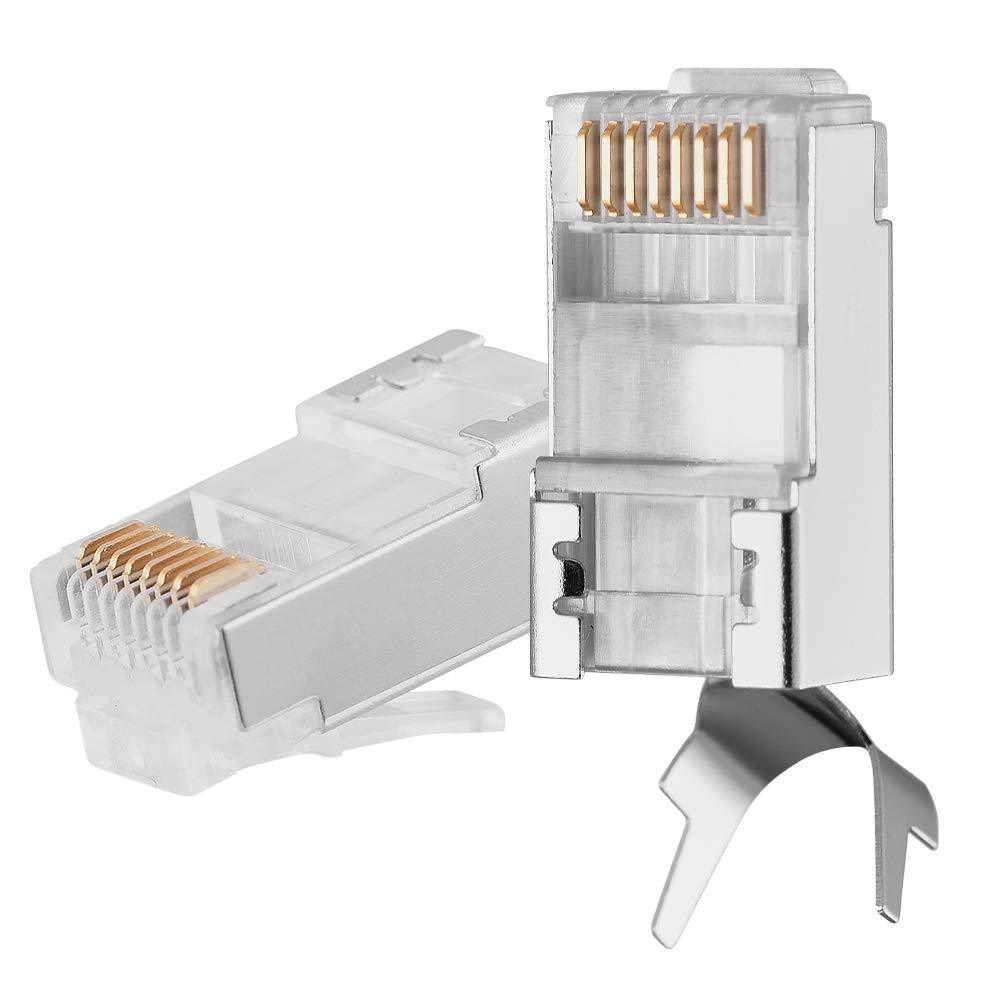 FEDUS RJ45 Cat7 & Cat6A Crimping Connectors plug, 50U Nickel Plated 3 Prong Shielded FTP/STP External Ground 23 AWG (0.573mm) Cable, RJ45 8P8C Plug, SILVER - FEDUS